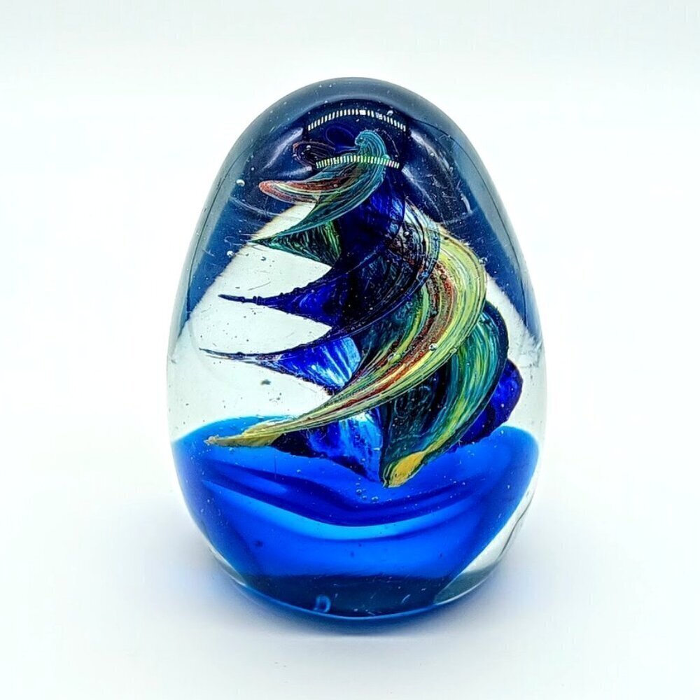 Blue Art Glass Egg-Shaped Swirl Paperweight